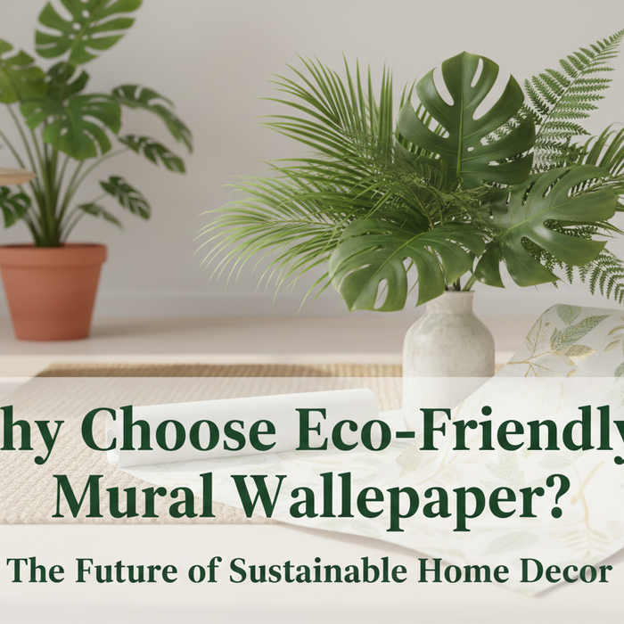 Eco-friendly mural wallpaper guide - sustainable home decor with tropical botanical leaves and green interior design elements