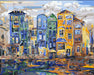 Panoramic view of abstract cityscape wallpaper featuring European-style colorful houses in geometric paint-by-numbers design
