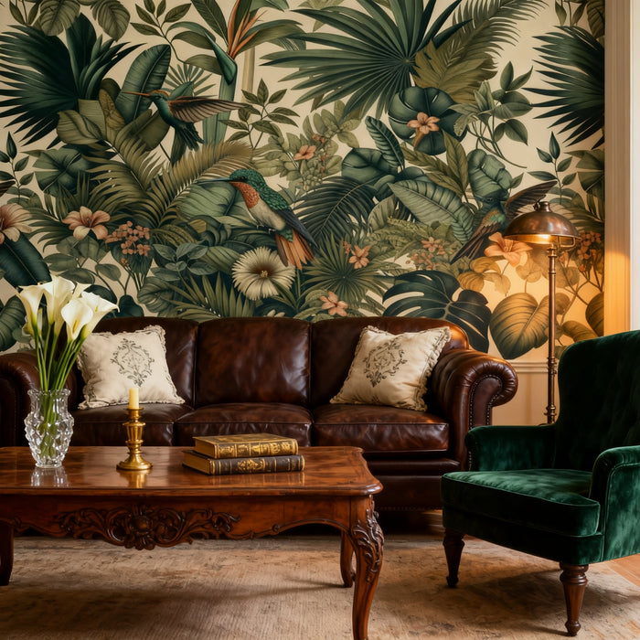Tropical Jungle Mural Wallpaper | Lush Foliage and Hummingbirds