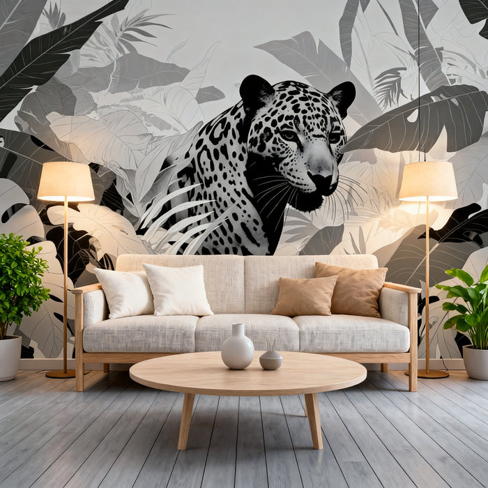 Black and White Jungle Mural Wallpaper | Monstera and Leopard