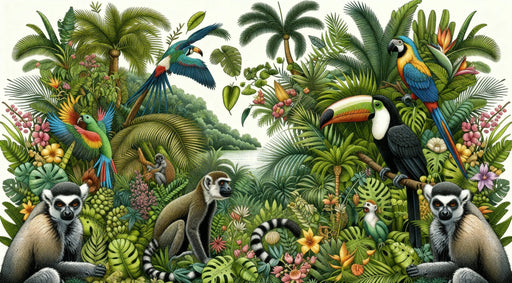 Close-up of vibrant jungle animal wallpaper design with exotic birds and playful monkeys for living room decoration
