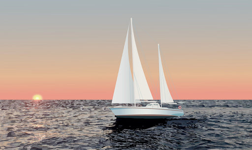 Nautical ocean wallpaper featuring sailboat at sunset in blue and pink tones