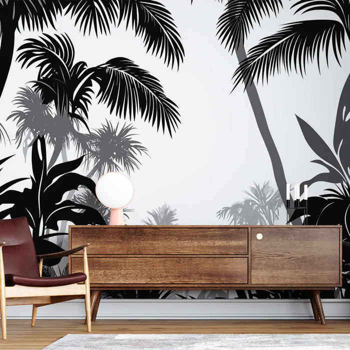 Mural Wallpaper jungle monochrome | Silhouettes of palm trees and foliage in black and white