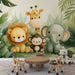 Jungle animals mural wallpaper featuring adorable plush animals including elephants, giraffes and monkeys in a tropical setting for nursery decoration
