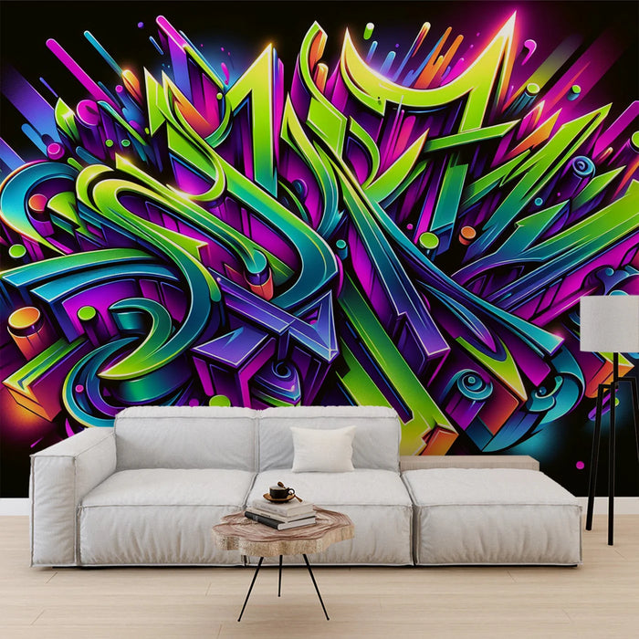 Street art Mural Wallpaper | Abstract green, purple, and blue graffiti