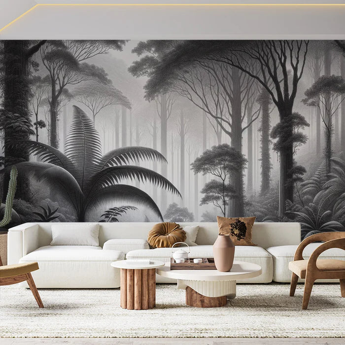 Jungle Mural Wallpaper | Black and White Tropical Forest with Ferns and Ancient Trees