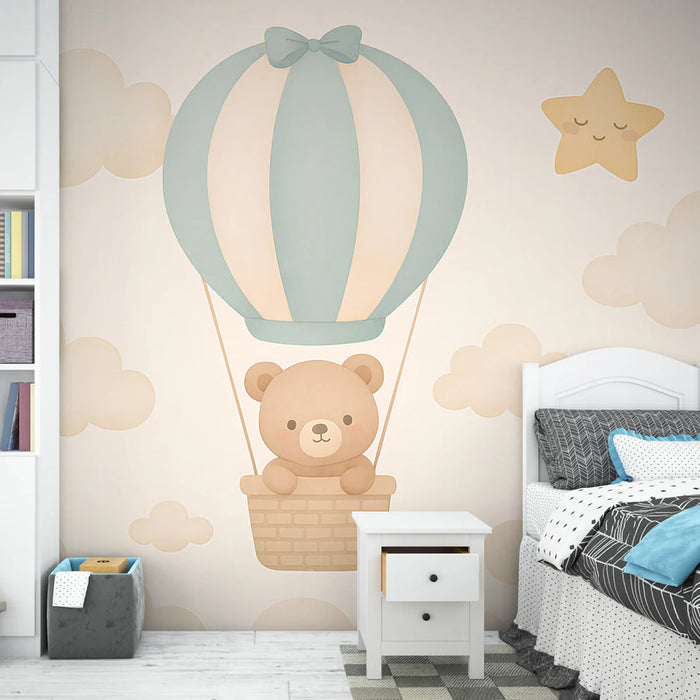 Mural Wallpaper bear in a hot air balloon | Adorable teddy bear flying over soft clouds