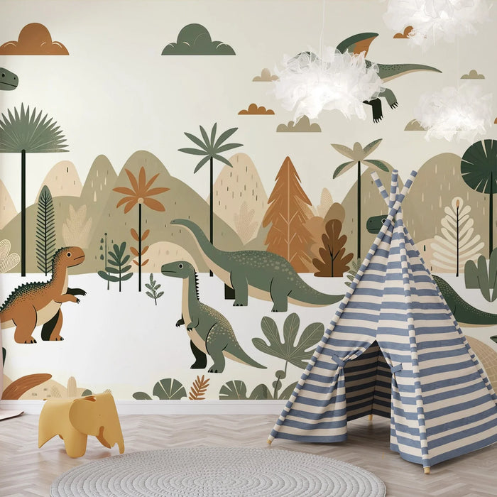 Dinosaur Mural Wallpaper | Terracotta and Green Tones
