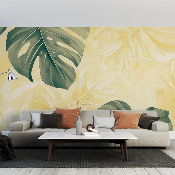 Mural Wallpaper tropical | Monstera leaves on soft yellow background
