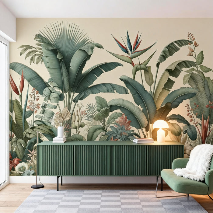 Tropical Jungle Mural Wallpaper | Green and Blue Floral Composition