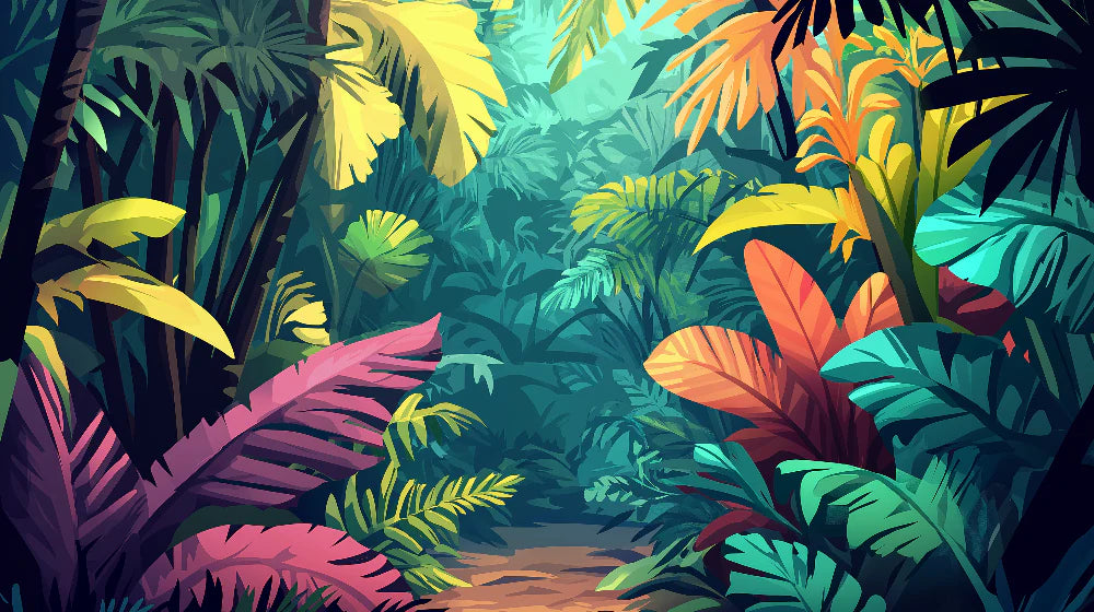 Mural Wallpaper colorful jungle | Vibrant tropical foliage and mysterious path