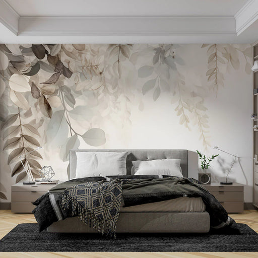 Hanging leaves wallpaper featuring graceful drooping branches with delicate foliage in soft neutral tones for minimalist bedroom decor
