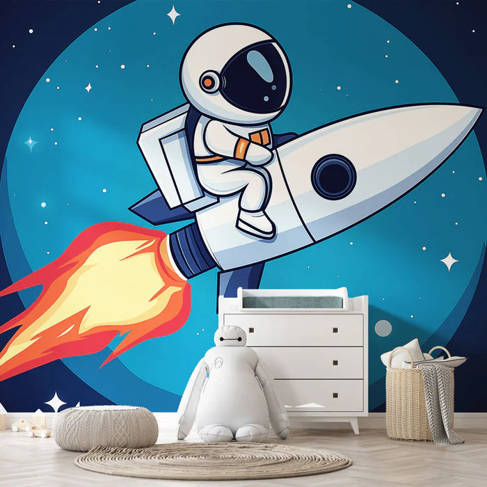 Mural Wallpaper Astronaut | An astronaut traveling in space with a colorful rocket