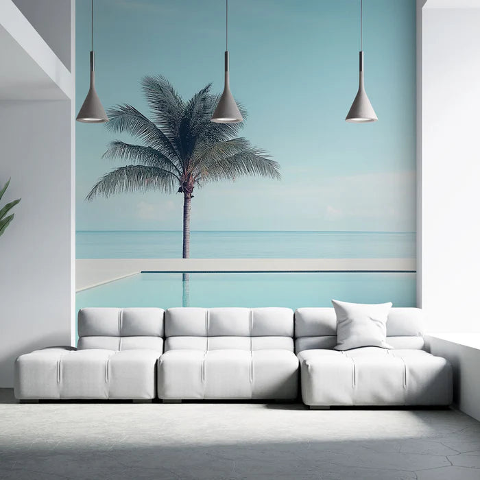Mural Wallpaper palm tree and pool | Soothing scene with palm tree and ocean view
