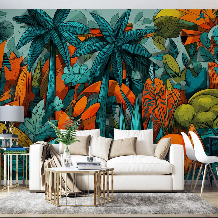 Mural Wallpaper jungle | Colorful and tropical illustration