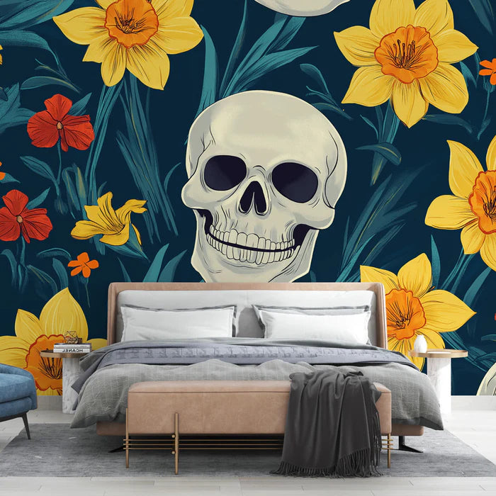 Mural Wallpaper skull | Patterns and yellow flowers