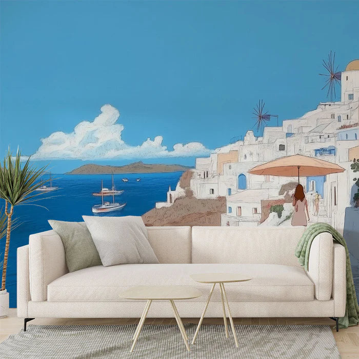 Mural Wallpaper Santorini | Blue and White Mediterranean Landscape