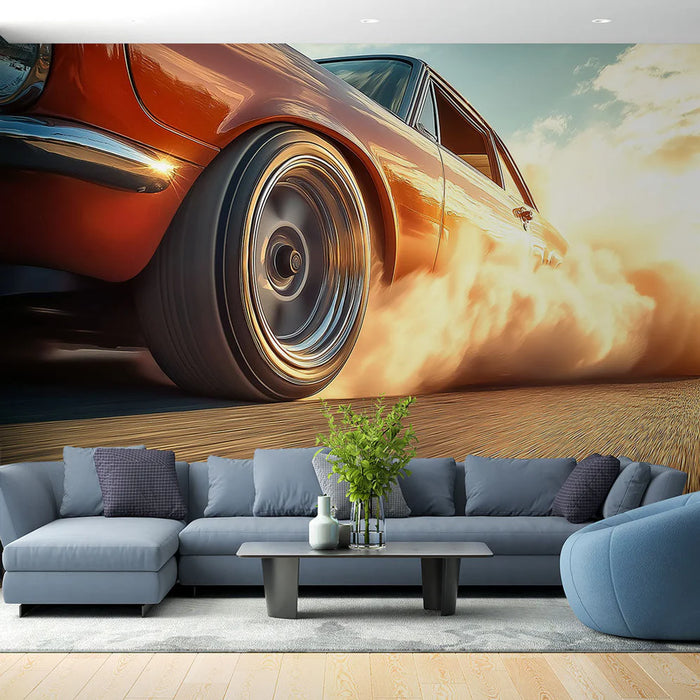Mural Wallpaper classic car | Retro orange car with speed effect