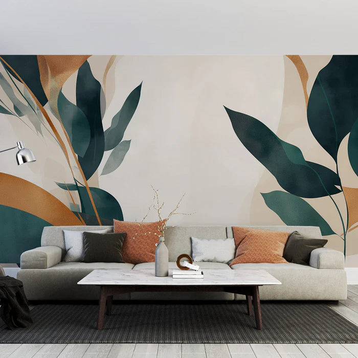 Chic Foliage Mural Wallpaper | Orange and Green