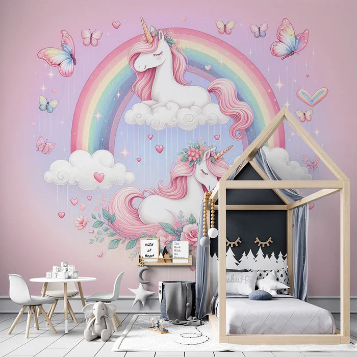 Unicorn Mural Wallpaper | Rainbow and Unicorn Duo on Their Cloud