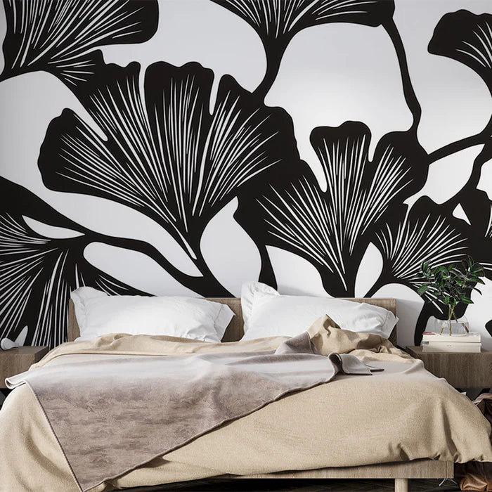 Black and White Foliage Mural Wallpaper | Ginkgo Panoramic