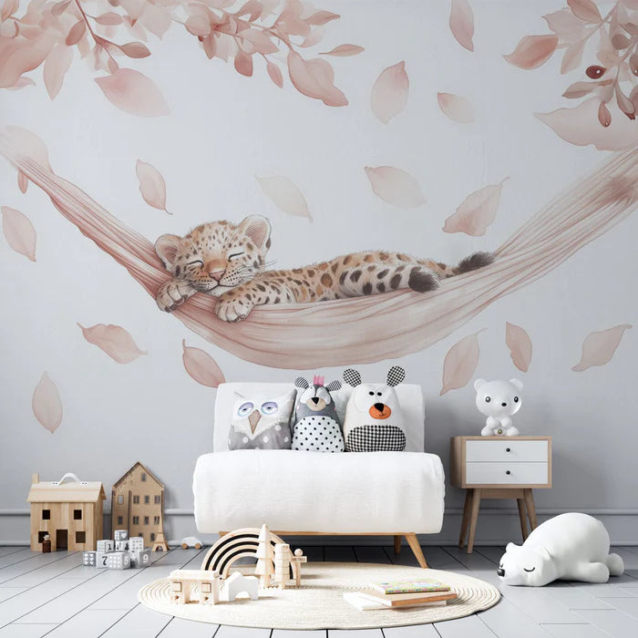 Mural Wallpaper leopard | Adorable sleeping leopard in a hammock