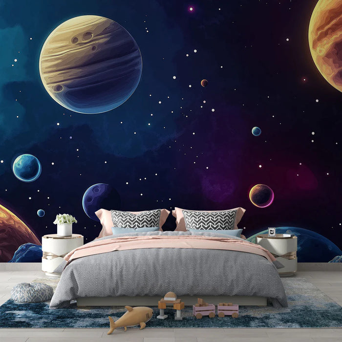 Mural Wallpaper space | Colorful planets pattern on starry background