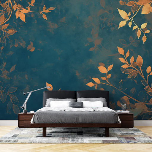 Foliage mural wallpaper featuring blue leaves with copper metallic accents for luxury living room decoration
