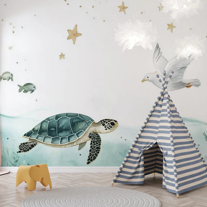 Mural Wallpaper ocean dreamer | Turtle and golden stars