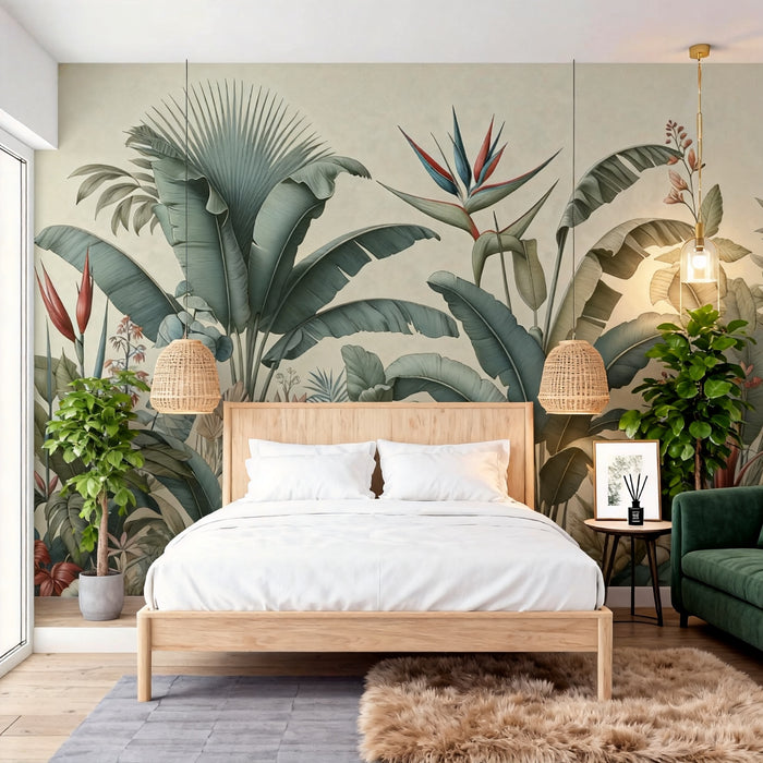 Tropical Jungle Mural Wallpaper | Green and Blue Floral Composition