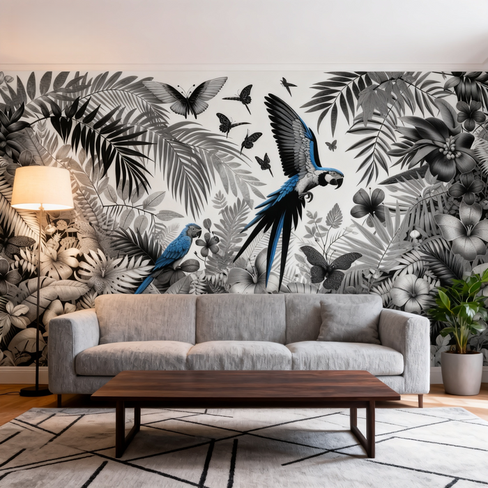 Parrot Mural Wallpaper | Black and White Jungle with a Touch of Blue