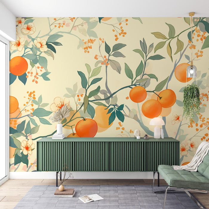 Orange mural wallpaper featuring a Mediterranean orange tree harvest scene with vibrant fruits and lush green foliage for kitchen decoration
