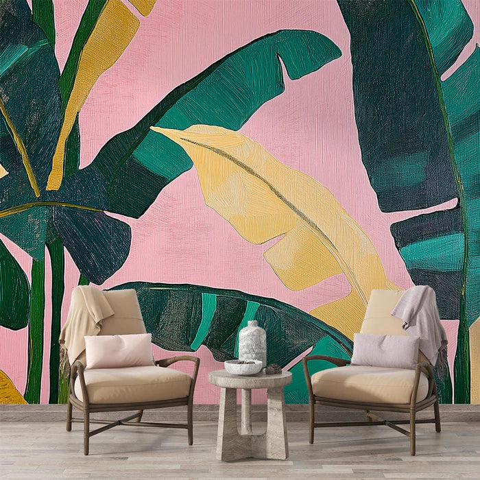 Mural Wallpaper tropical | Exotic leaves on pink background