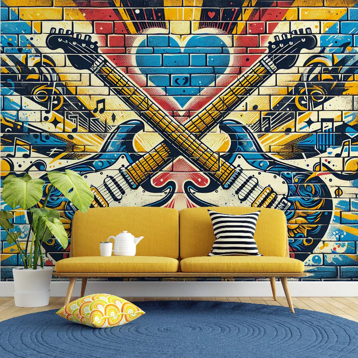 Street Art Mural Wallpaper | Rock and Roll Brick Wall