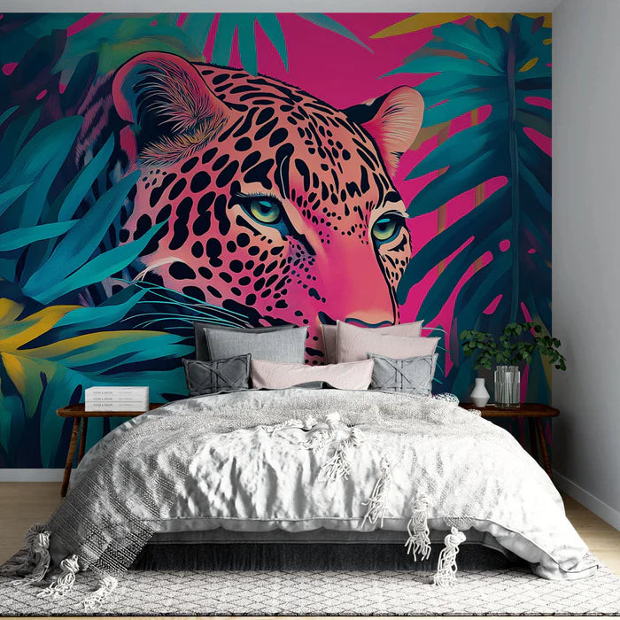 Mural Wallpaper leopard | A vibrant leopard in a colorful tropical jungle