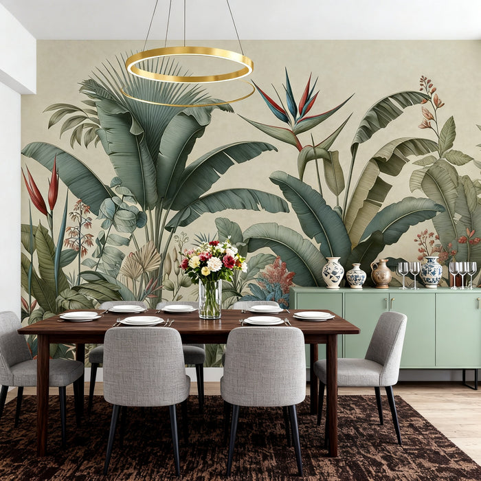 Tropical Jungle Mural Wallpaper | Green and Blue Floral Composition