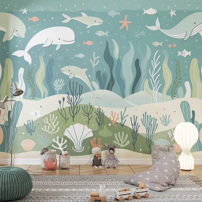 Marine Mural Wallpaper | Whales, Fish, Seaweed, and Seashells