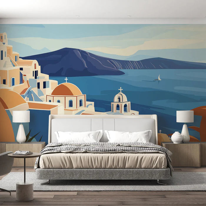 Mural Wallpaper Santorini | Illustrated view of white houses and the Aegean Sea