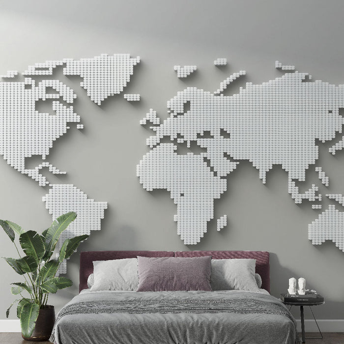 Mural Wallpaper world map | 3D white dots and gray background