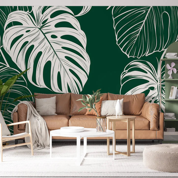 Mural Wallpaper tropical foliage | White monstera leaves on deep green background
