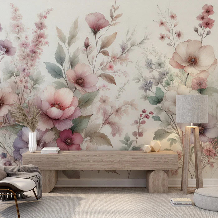 Pastel Floral Mural Wallpaper | Violet, Pink, and Green Floral Composition