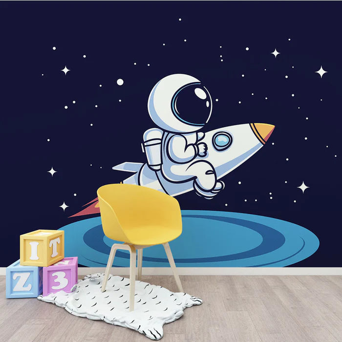 Mural Wallpaper astronaut | Playful astronaut traveling on a colorful rocket