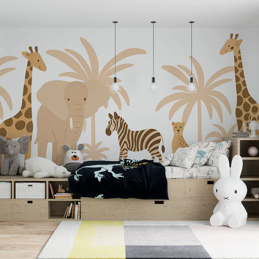 Animals of the savannah mural wallpaper featuring elegant wild animals in soft tones for kids room decoration
