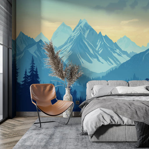 Mountain mural wallpaper featuring majestic landscape with layered peaks in soothing blue and gray tones for bedroom decoration
