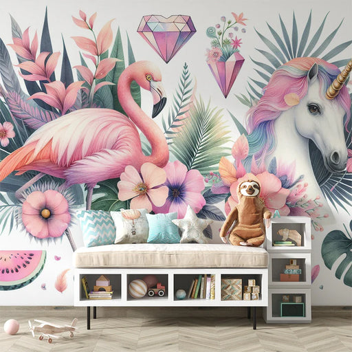 Unicorn mural wallpaper featuring pink flamingos, magical unicorns and retro flowers in vibrant colors for girls bedroom decoration

