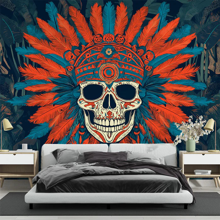 Mural Wallpaper tribal skull | Duo of blue and orange