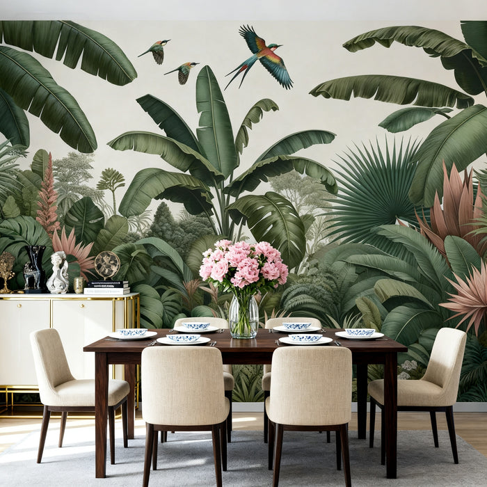 Tropical Jungle Mural Wallpaper | Green Banana Trees and Birds
