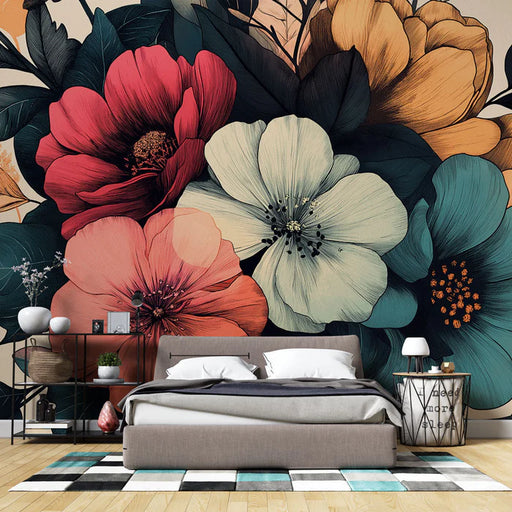 Floral mural wallpaper featuring colorful and elegant botanical pattern with vibrant flowers for living room decoration
