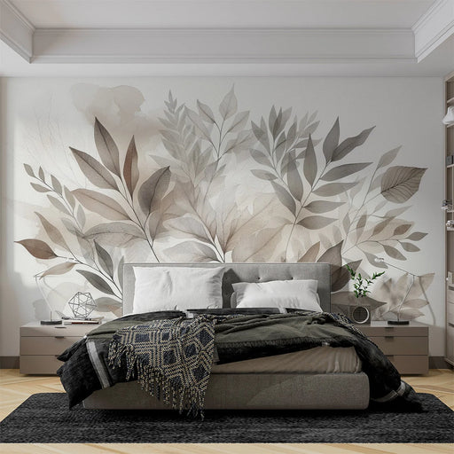 Foliage mural wallpaper featuring dull-toned watercolor leaf patterns in soft beige and gray for serene bedroom decoration
