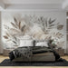 Foliage mural wallpaper featuring dull-toned watercolor leaf patterns in soft beige and gray for serene bedroom decoration
